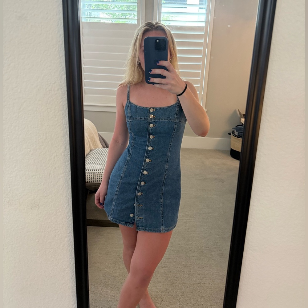 Zara Blue denim button up Mini Dress spaghetti Strap